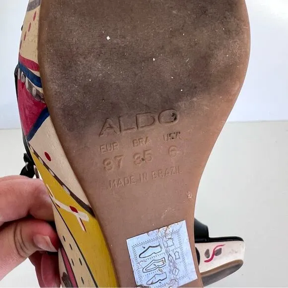 Aldo Black Leather Doodle Artistic Wedges