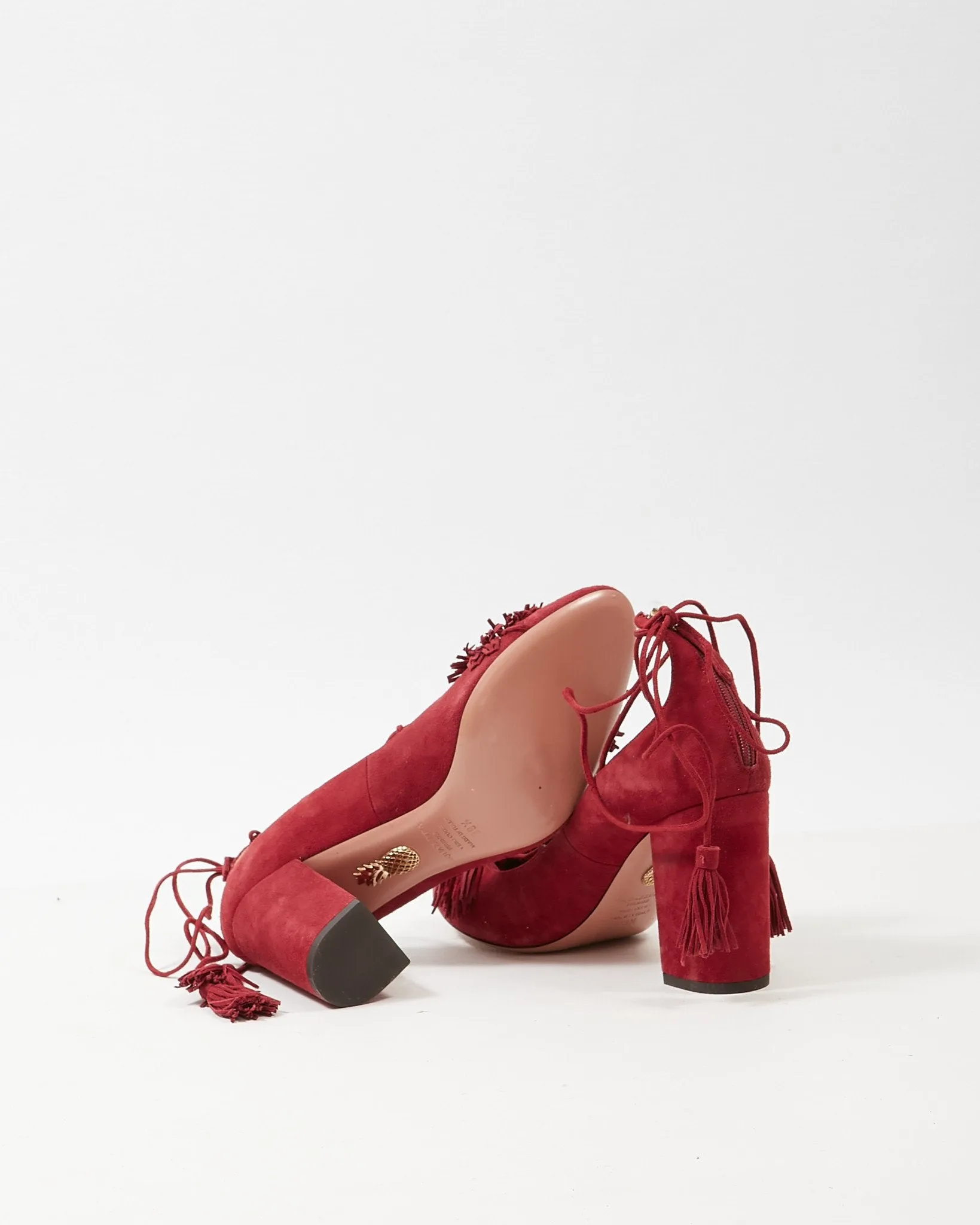Aquazzura Burgundy Suede Fringe Wild Thing Lace-Up Block Pumps - 39.5