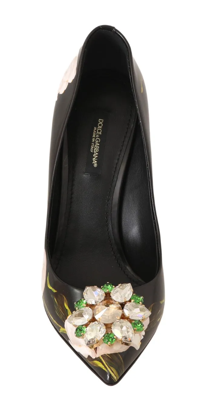 Black Tulip Print Crystal Heels Pumps
