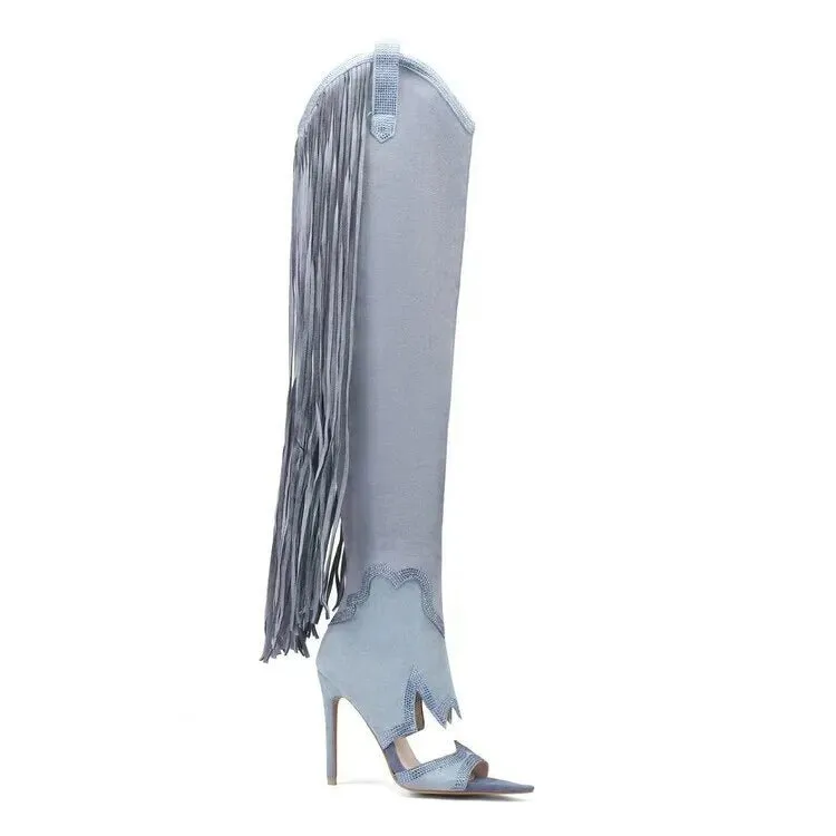 Blue Suede Rhinestone Over-The-Knee Boots