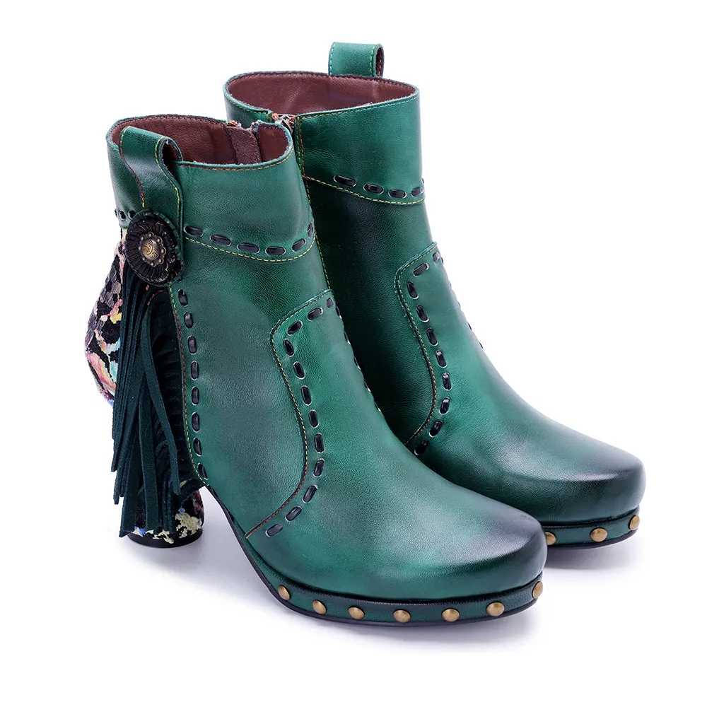 CrazycatZ Womens  Boots Bohemian Block Heel Leather Ankle Boots Colorful Leather Heeled Ankle Boots Green
