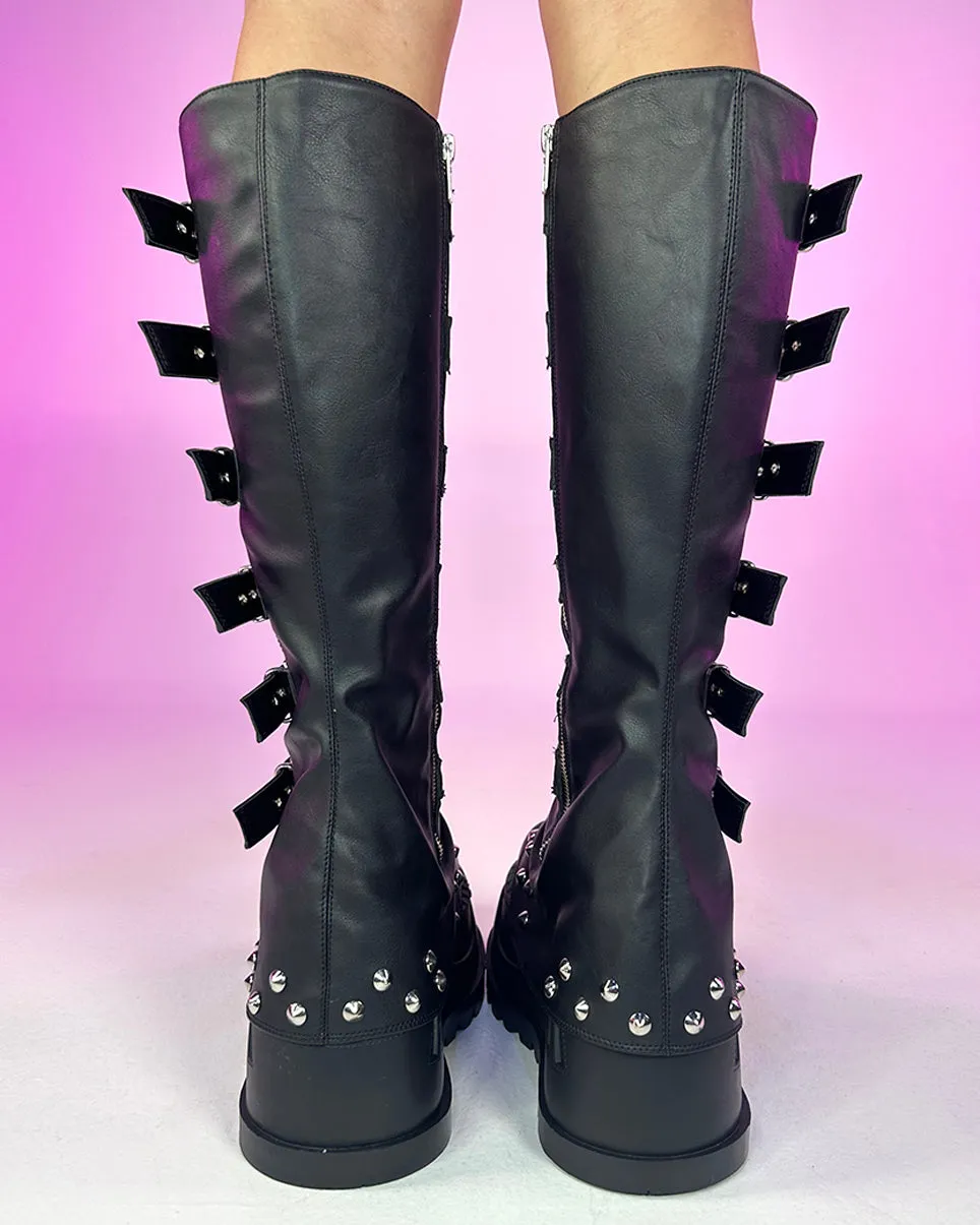 Demonia Buckled Stomp Knee High Boots