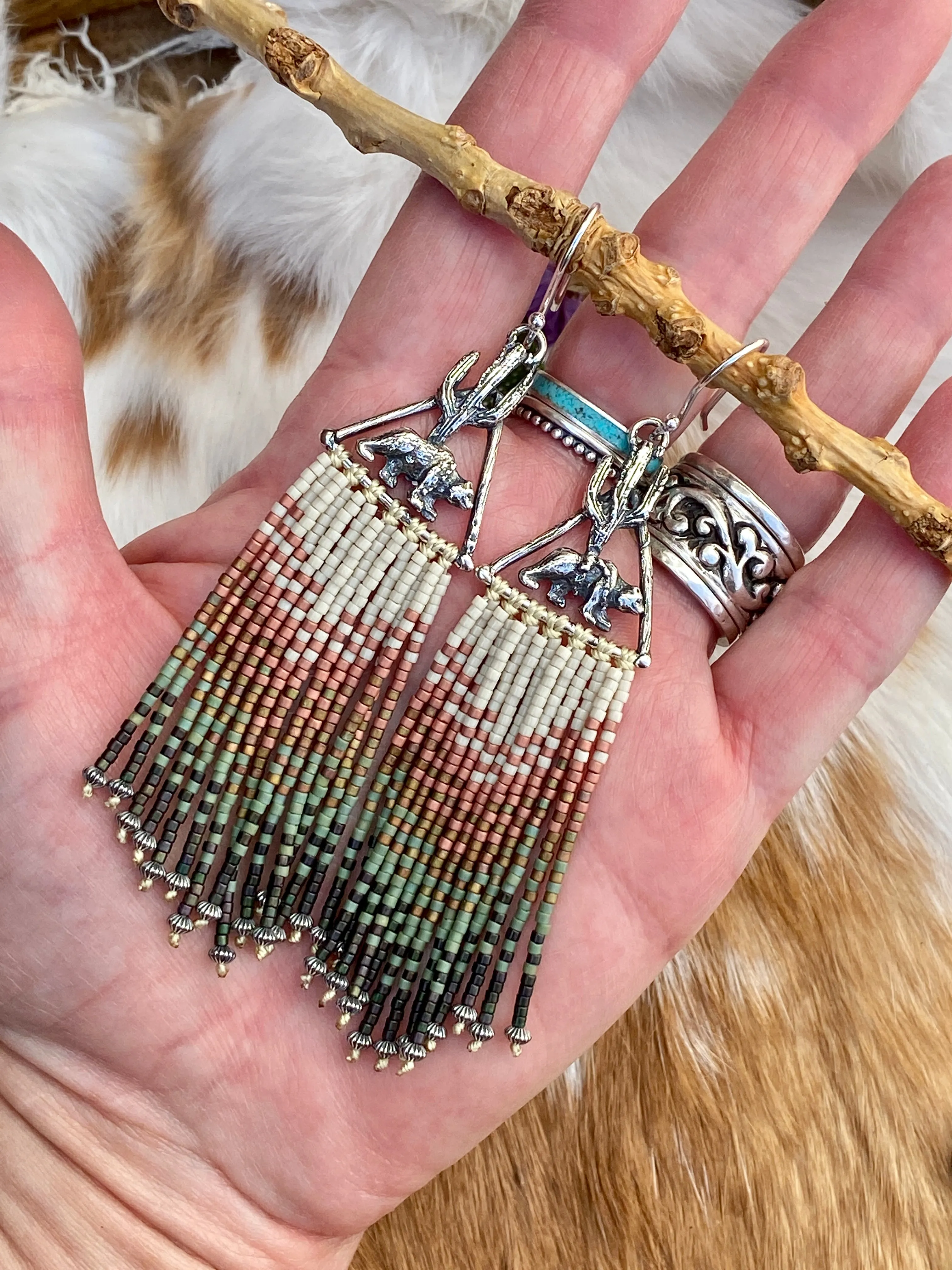 Desert Dweller "Camoflage Bear” hand cast Sterling Silver beaded Earrings