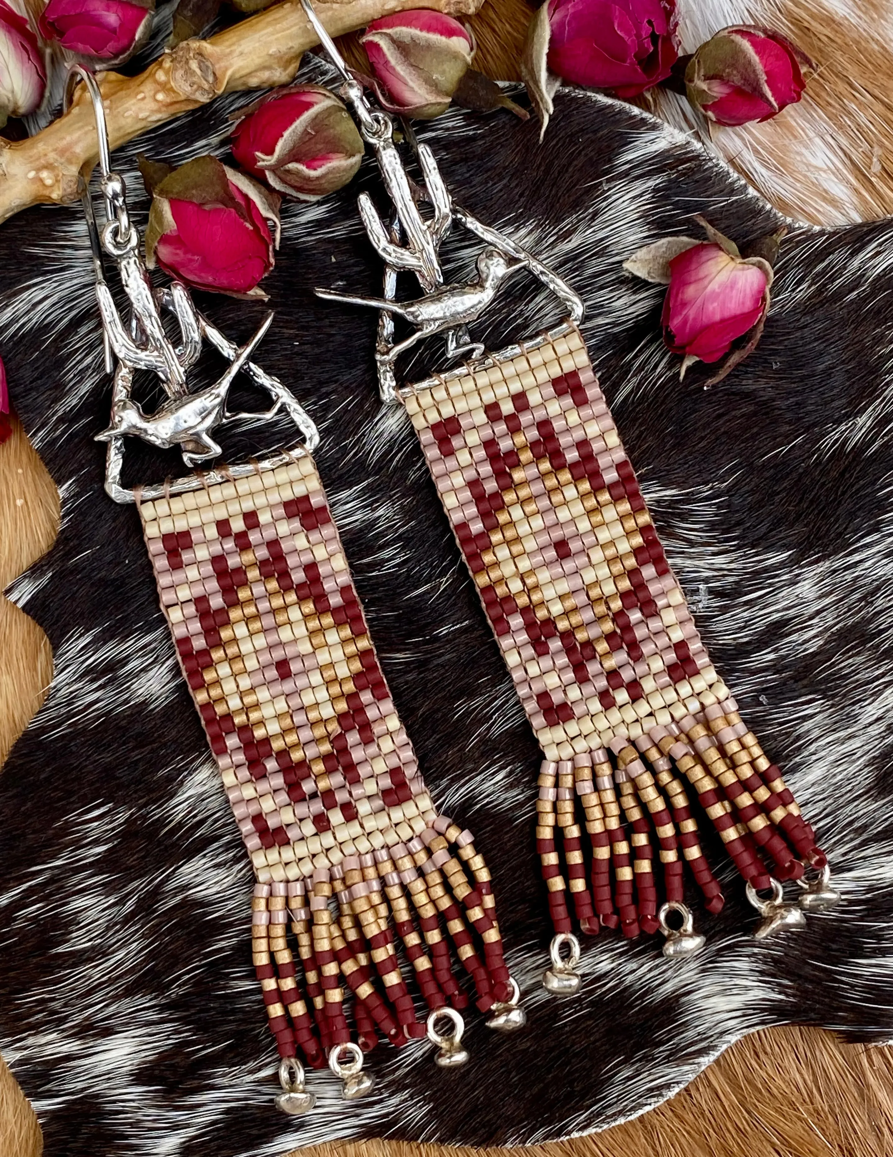 Desert Dweller Saguaro Cactus & Roadrunner hand cast Sterling Silver beaded Earrings