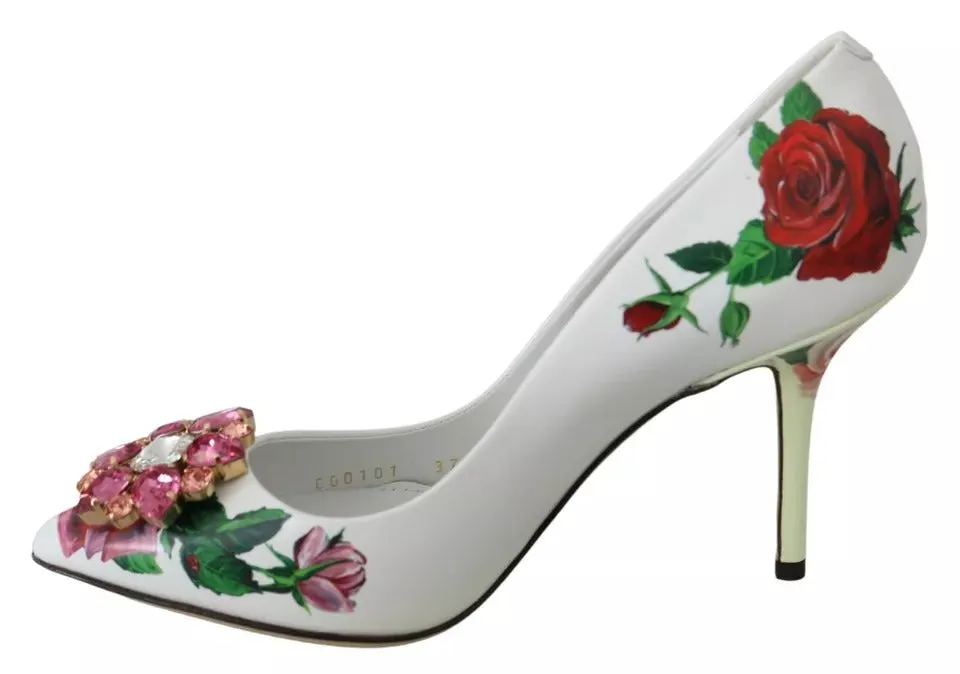 Dolce&Gabbana Women White Pumps 100% Leather Floral Roses Print High Heels Shoes