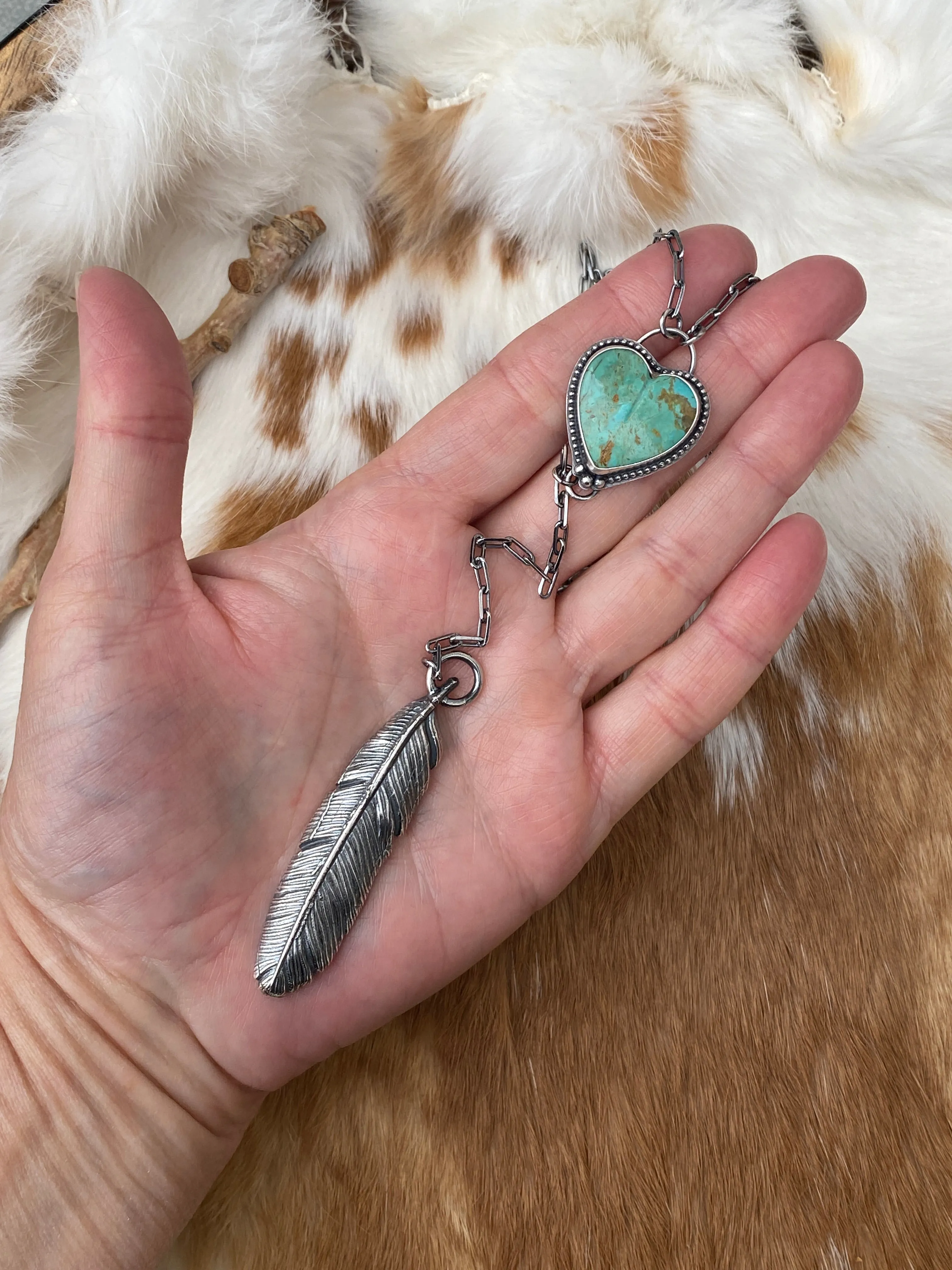 Feather and turquoise heart sterling silver necklace