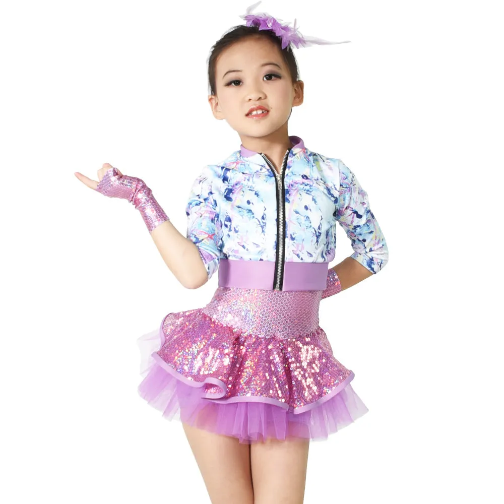 Girls Jazz Dance Outfits Biketard Sequins Army Print Jacket
