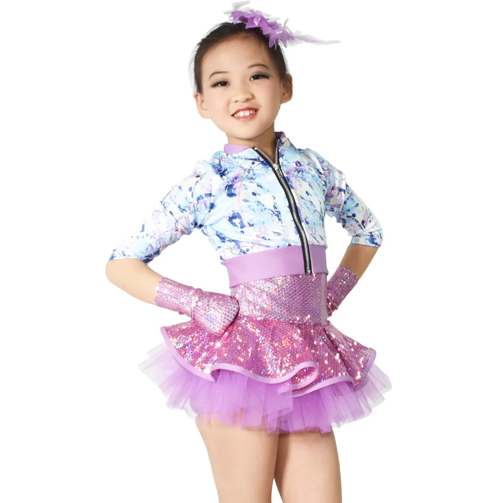 Girls Jazz Dance Outfits Biketard Sequins Army Print Jacket