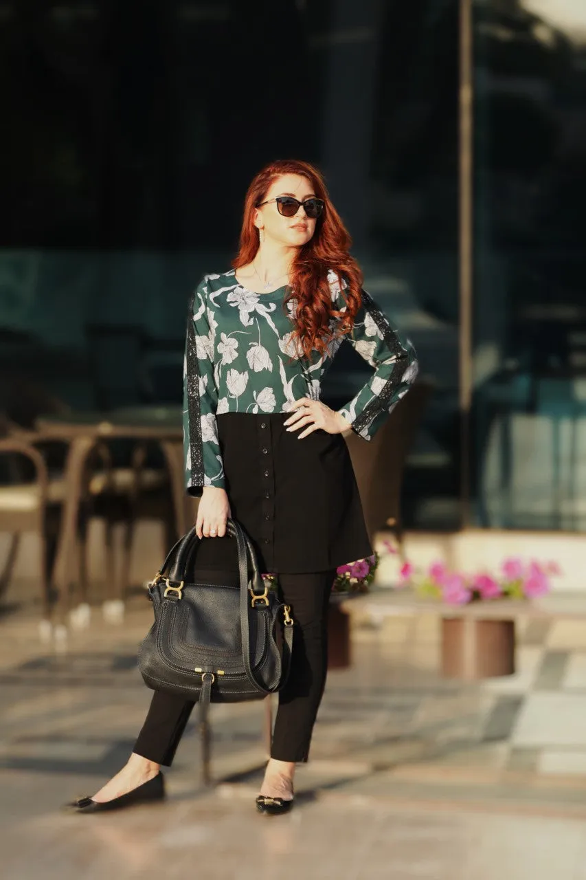 Green and Black Print and Color Block Tunic