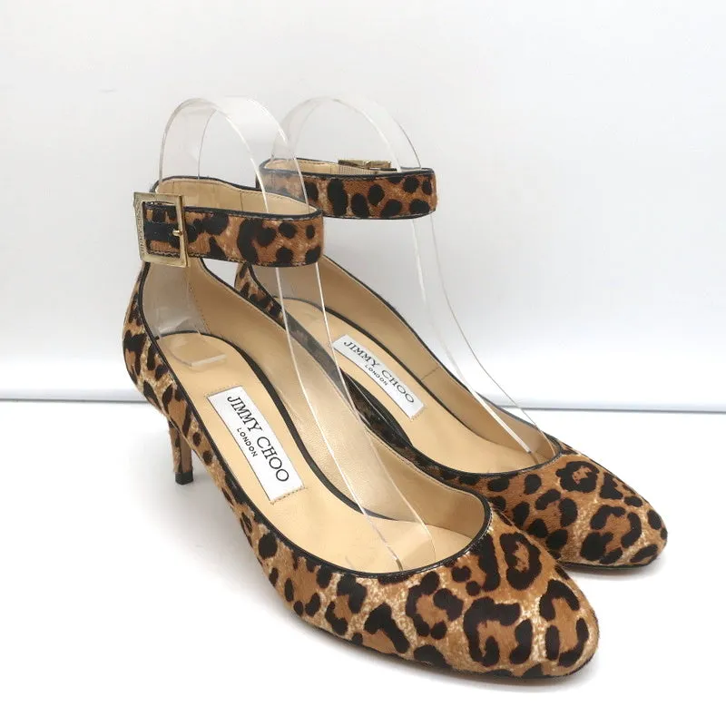 Jimmy Choo Helena 65 Pumps Leopard Print Pony Hair Size 37 Ankle Strap Heels
