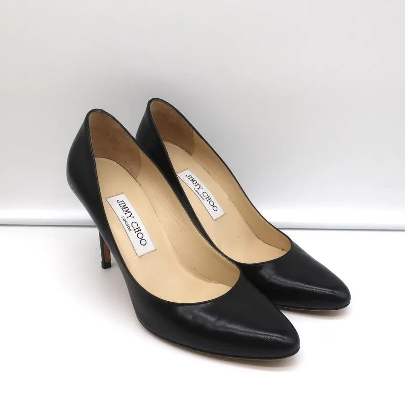 Jimmy Choo Pumps Gilbert Black Leather Size 38.5 Almond Toe Heels