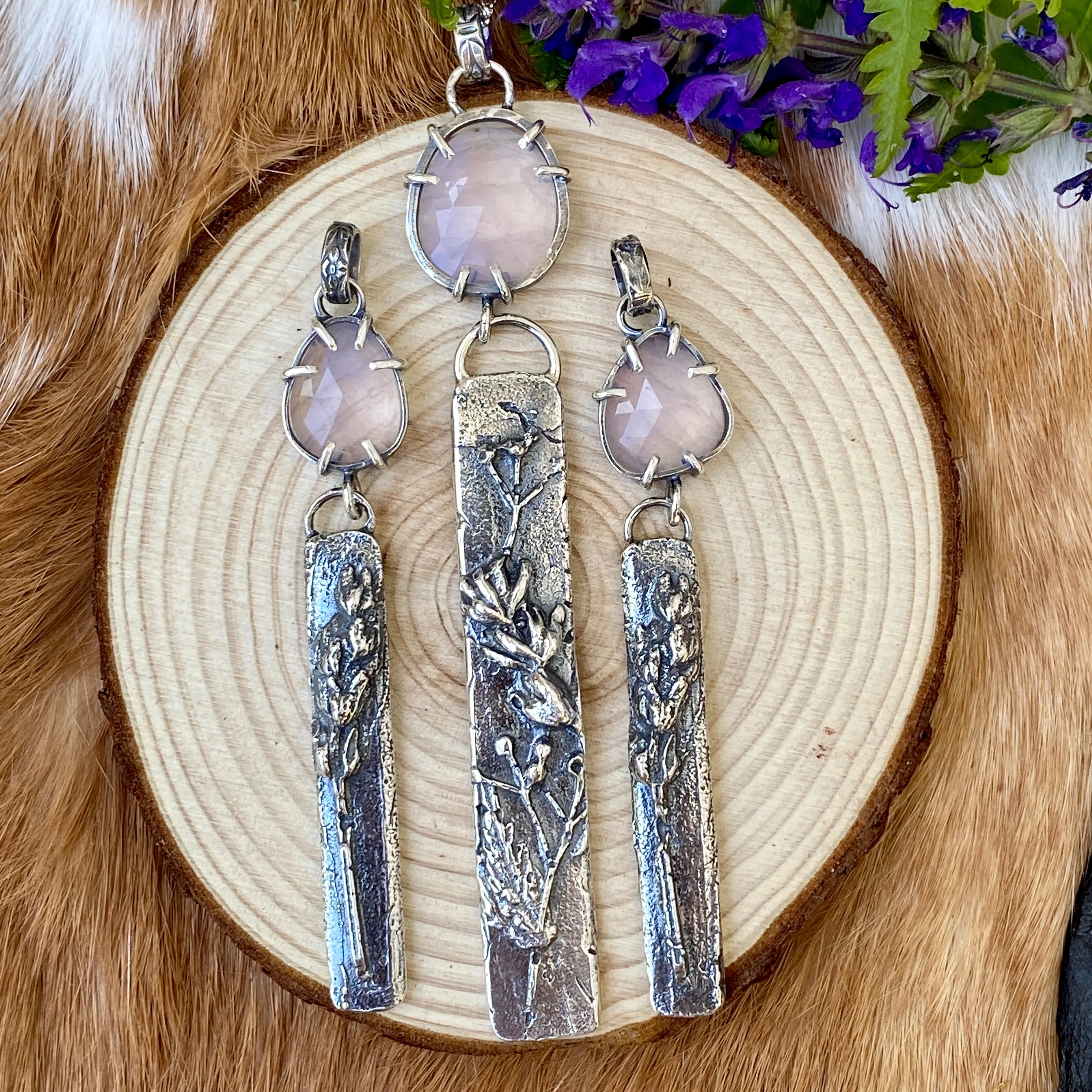 Lavender Quartz and hand cast Botanical bar Sterling Silver Necklace
