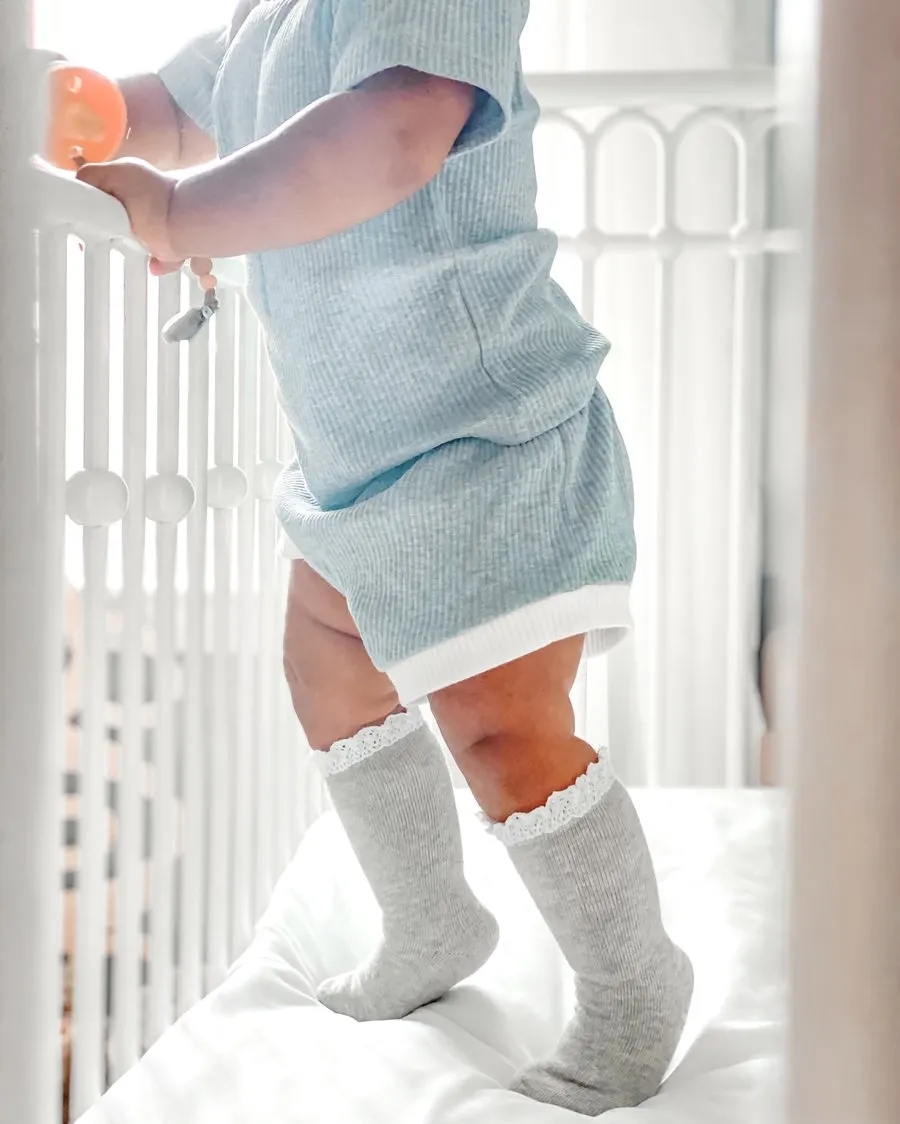 Little Stocking Co Lace Top Knee High Socks - Gray   White