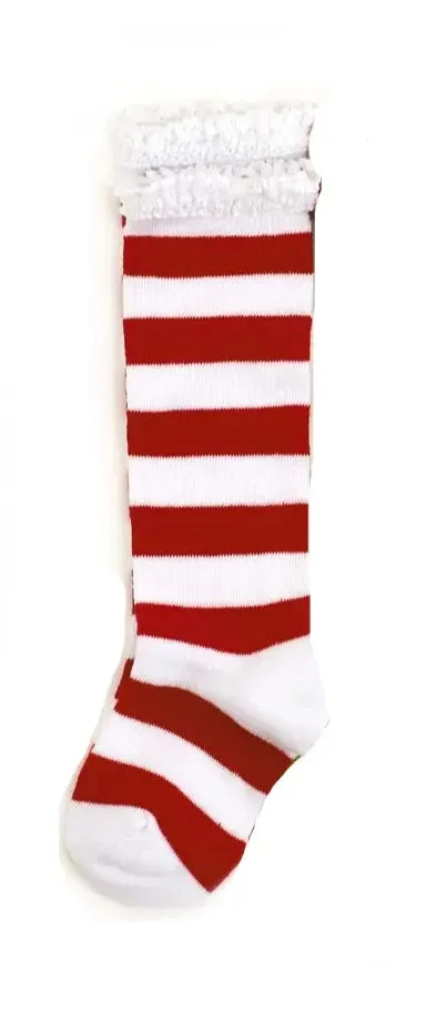 Little Stocking Co Lace Top Knee High Socks - Peppermint Stripe