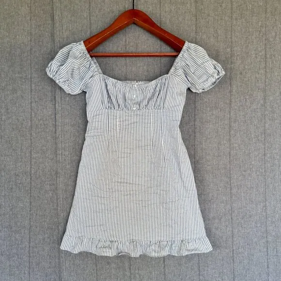 Nicole Miller Blue White Stripe Cotton Bardot Empire Waist Mini Dress Size 10