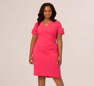 Plus Size Crepe Faux Wrap Sheath Dress With Floral Accent Short Sleeves In Petunia