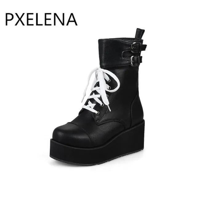 PXELENA Rock Punk Gothic Boots Women Shoes Platform Creepers Wedge High Heels Martin Boots Lace Up Motorcyle Ankle Boots Ladies