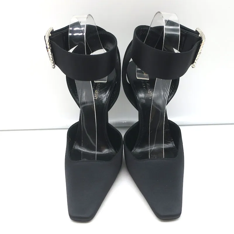 Saint Laurent Fanny Crystal-Buckle Pumps Black Satin Size 39 Ankle Strap Heels