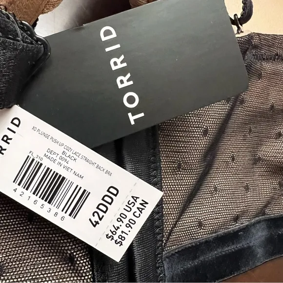 Torrid XO Plunge Push-Up Cozy Lace Straight Back Bra black nude 42DDD NWT