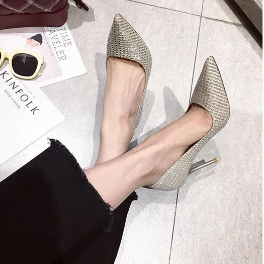 women glitter medium heels sparkling high gold pumps shoes black golden party thin sandals evening size 4 34 pointed toe