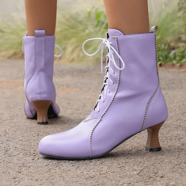 Women's Lace-Up Round Toe Hoof Heel Ankle Boots