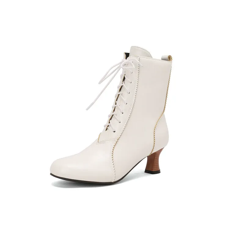 Women's Lace-Up Round Toe Hoof Heel Ankle Boots