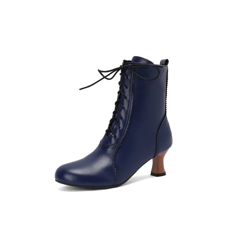 Women's Lace-Up Round Toe Hoof Heel Ankle Boots