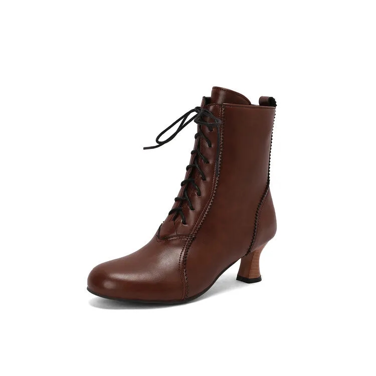 Women's Lace-Up Round Toe Hoof Heel Ankle Boots