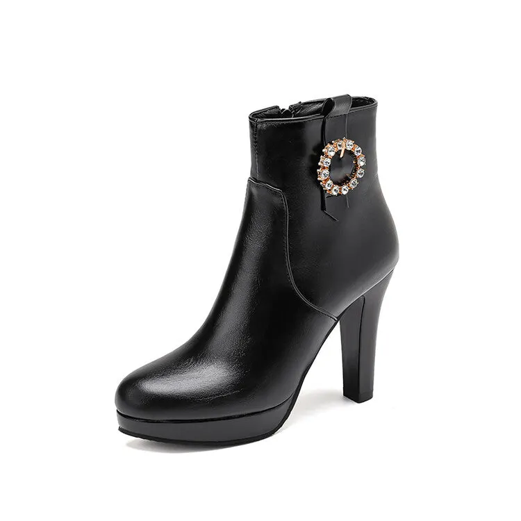 Women's Rhinestone Round Toe Block Heel Platform Ankle Boots